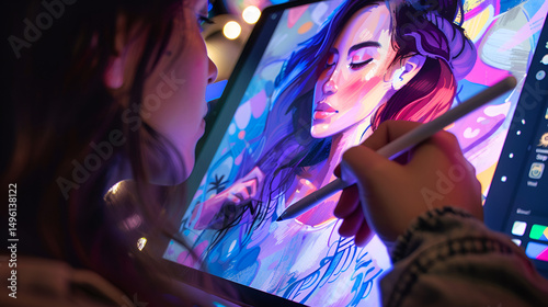 Woman drawing a portrait on a digital tablet with a stylus in a brightly lit room at nighttime