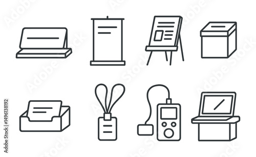 Line style icons of exhibitor tools: nameplate icon, promo roll-up banner, catalog on stand, giveaway box, business card holder, event lanyard, product demo gear, laptop at booth.
