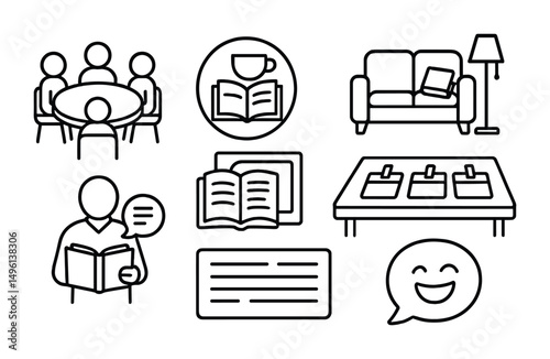 Line style icons of in-person book club meetings: round table icon, tea + book badge, cozy living room setup, hosted meeting card, reading aloud symbol, shared notes sheet, name tags on table,
