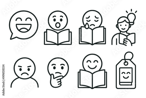 Line style icons of shared reading emotions: laughing while reading bubble, shocked face over twist, tears on book badge, inspired reader icon, frustrated emoji, thoughtful gaze symbol, “this is me”