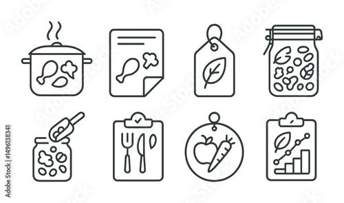Line style icons of smart food and cooking habits: one-pot meal icon, leftovers recipe card, plant-based cooking workshop tag, no-plastic pantry, buy bulk + refill sticker, use-what-you-have menu,