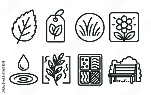 Line style icons of sensory experience in gardens: fuzzy leaf icon, scented herb tag, bright bloom focus, soft grass circle, water feature drop, rustling plant frame, variety of textures tray, quiet