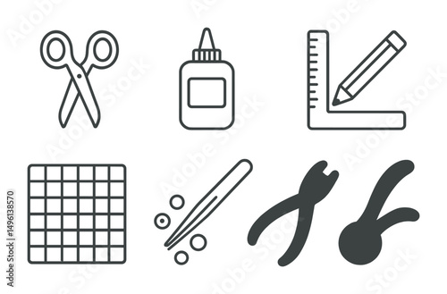 Line style icons of basic crafting tools: scissors with rounded tips, glue bottle icon, ruler and pencil, cutting mat grid, tweezers and beads, small craft knife, hand-held hole punch, rotary cutter