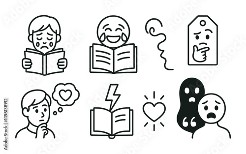 Line style icons of literature and emotion: crying reader icon, laughter over page badge, shock face with twist, thoughtful mood tag, nostalgia bubble, inspiration lightning + book, warmth heart +