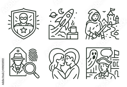Line style icons of comic genres: superhero comic badge, sci-fi storyline icon, slice of life panel, fantasy quest scene, mystery and crime tag, romance moment icon, horror twist panel, historical