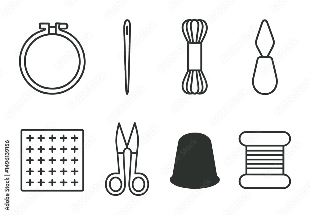 Obraz premium Line style icons of basic embroidery tools: embroidery hoop icon, sharp embroidery needle, floss skein bundle, threader tool, fabric square with grid, snips scissors, thimble with holes, thread