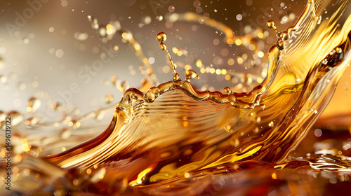 Close up shot of a golden liquid splashing with droplets against a blurred light background studio shot