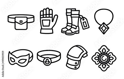 Line style icons of cosplay accessories: belt with pouch, utility gloves icon, cosplay boots tag, custom jewelry piece, mask with strap, headband with emblem, shoulder armor plate, detailed brooch.