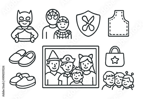 Line style icons of cosplay for kids and families: child costume icon, parent + child cosplay, safety scissors badge, beginner pattern tag, comfy shoes symbol, family cosplay frame, simple
