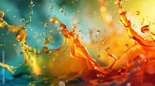 A vibrant splash of orange liquid with droplets against a blurred colorful background creating motion