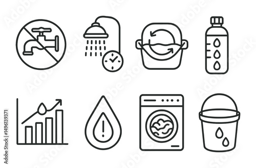 Line style icons of water-conscious behavior: turn tap off badge, shower timer icon, reuse rinse water label, water bottle with tracker, group water-saving challenge chart, drip alert icon, “wash