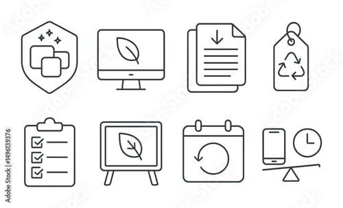 Line style icons of conscious digital life: digital declutter badge, eco screen mode icon, use less data sheet, “delete to reduce” tag, digital habits audit checklist, green media reminder board,