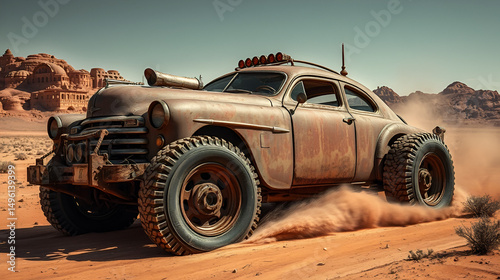Rusty old apocalyptic monster car ridignt through desert