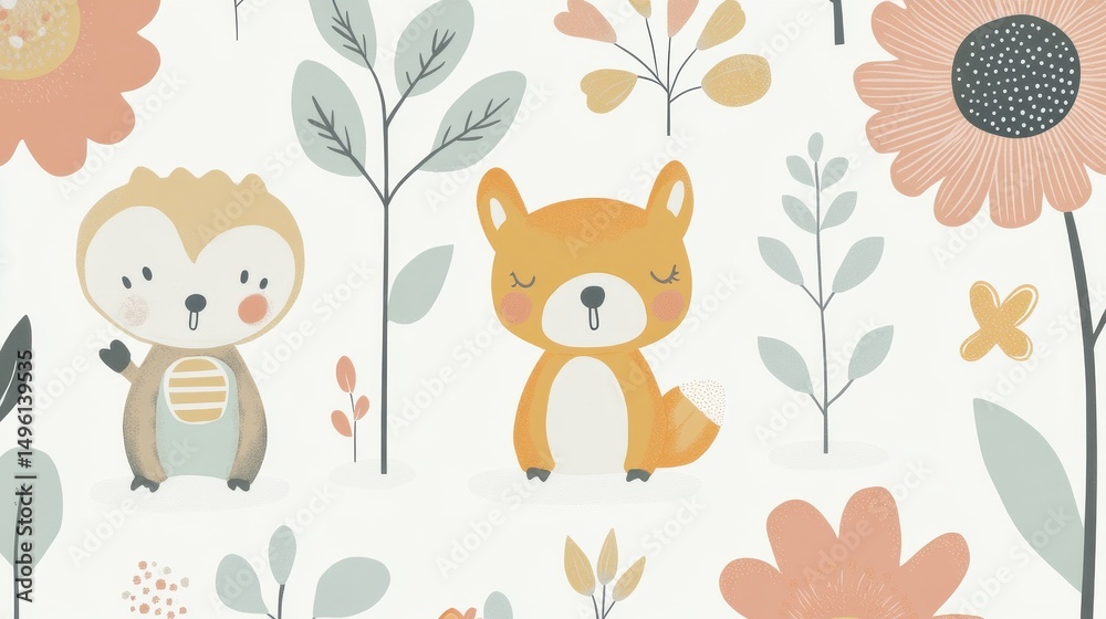 Obraz premium A cheerful, playful woodland pattern design for children.