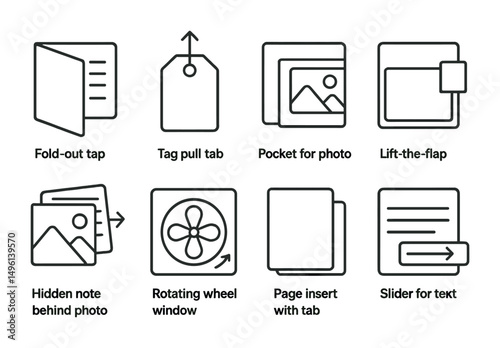 Line style icons of interactive page features: fold-out journaling card, tag pull tab, pocket for photo, lift-the-flap square, hidden note behind photo, rotating wheel window, page insert with tab,