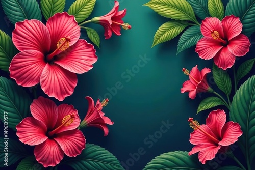 Bold hibiscus blooms, vibrant tropical foliage, dynamic repeat, design element, summer