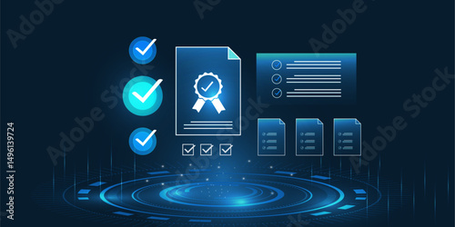 futuristic technology AI help digital verification, checklists, certifications, and document management,