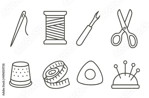 Line style icons of basic sewing tools: hand sewing needle, thread spool, seam ripper, fabric scissors, thimble icon, measuring tape loop, tailor’s chalk, pin cushion with pins.