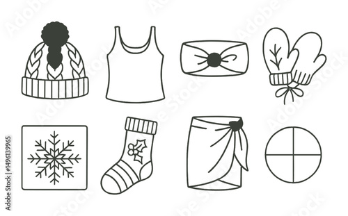 Line style icons of seasonal knitting: warm wool hat icon, summer cotton tank, spring headband sketch, autumn mittens bundle, snowflake motif swatch, festive sock plan, beach wrap idea, seasonal