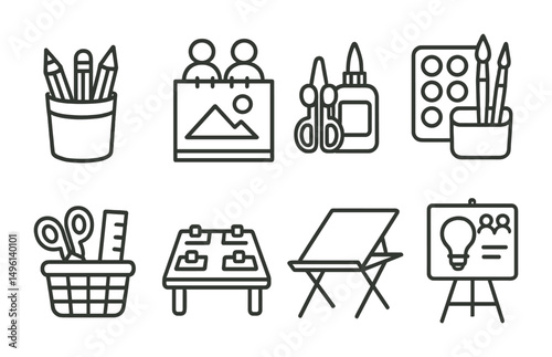 Line style icons of creative club tools: shared pencil jar, group sketchpad icon, scissors and glue bottle, paint tray with brushes, craft supply basket, table with name tags, folding art table, club