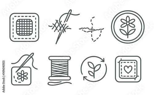 Line style icons of embroidery repair and mending: visible mend patch, embroidery over rip, stitched outline over tear, design-as-repair badge, re-use motif from scrap, repair with thread icon, new
