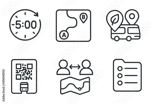 Line style icons of transit app features: arrival countdown, live route map, green mode filter, car-free route, transit pass QR, ride-share match icon, route planning tool, saved station list.