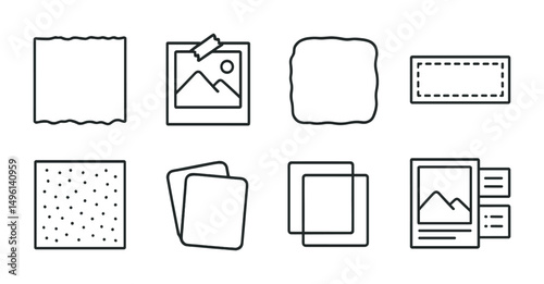 Line style icons of collage and layering: torn edge paper icon, image + tape corner, scrap shape block, word strip with border, texture overlay piece, sticker stack, see-through layer icon, combo