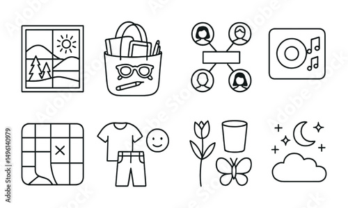 Line style icons of “what’s in my world” pages: what I see from window, what’s in my bag sketch, people I met today chart, what I heard today box, where I sat map, what I wore + how I felt, 3 things
