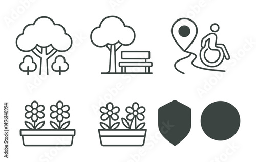 Line style icons of nature access for all: tree canopy zone, bench under tree, green route marker, accessible park path, schoolyard garden, windowbox flower icon, sensory garden badge, public green