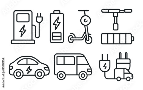 Line style icons of electric transport: EV charging station, e-bike battery icon, e-scooter dashboard, charge level line, green car symbol, electric shuttle, power station plug, electric truck tag.