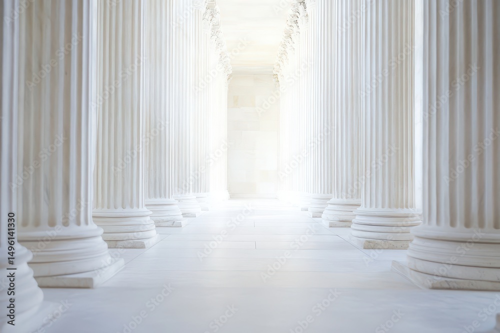 Light filled corridor of elegant white columns Light filled corridor of elegant white columns