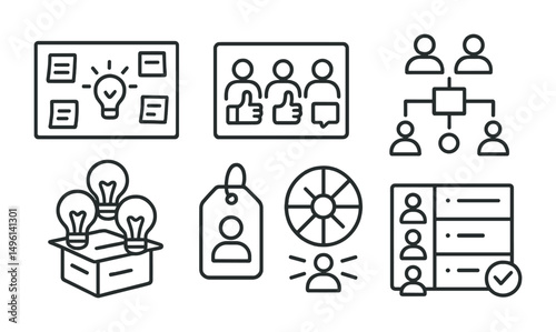 Line style icons of inclusive group planning: idea board with stickers, everyone votes frame, co-create flowchart, multi-option planning box, suggestion lightbulb pile, “what works for me” tag,
