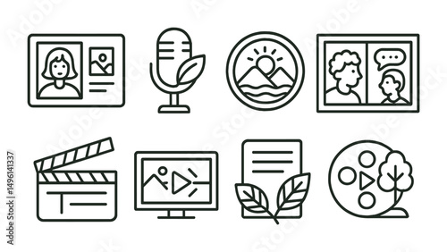 Line style icons of climate storytelling: student photo series, eco podcast mic, graphic zine badge, peer comic panel, short film slate, digital storytelling board, poem in leaves, nature-themed reel