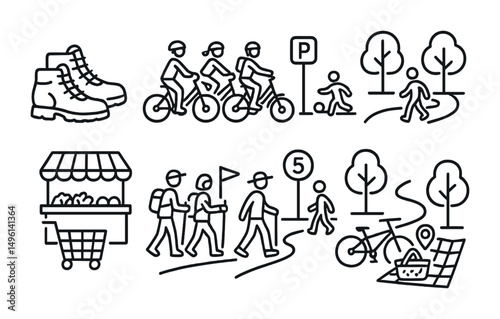 Line style icons of weekend eco-mobility: family hike shoes, group e-bike ride, park-and-play route, slow zone walk path, market with cart, community trail event, walking tour, picnic ride plan.