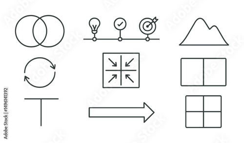 Line style icons of visual frameworks: Venn diagram sketch, timeline with icons, SWOT box with arrows, story mountain frame, feedback loop circle, T-chart layout, cause-effect flow arrow,