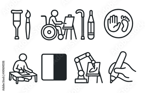 Line style icons of disability-affirming visuals: crutch + brush symbol, wheelchair at easel icon, cane and sketch tool combo, hand + foot painting badge, seated at floor table sketch, visual