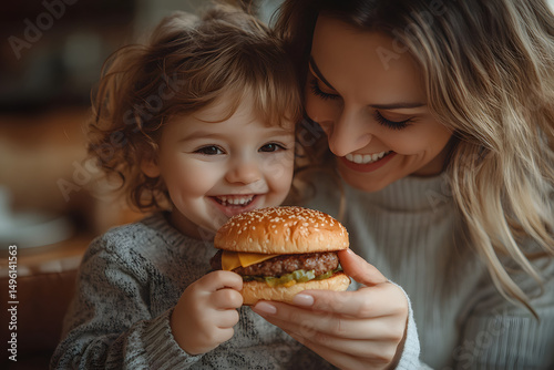 Mother Feeding Child Tasty Hamburger in Cozy Kitchen Setting During Lunchtime Bonding Moment photo