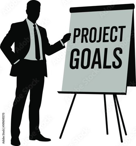 Businessman presenting project goals on a flipchart during a business meeting or presentation