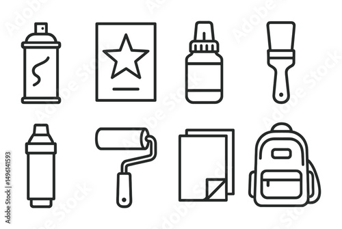 Line style icons of street art tools and media: spray can icon, stencil cutout sheet, glue roller bottle, wheatpaste brush, marker with fat tip, print roller for walls, poster stack with fold, urban