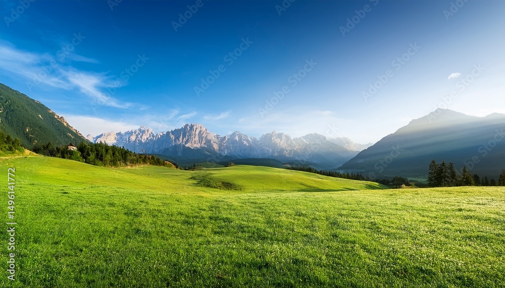 Obraz premium wide landscape scenery with beautiful green grass land and mountain range in the morning with copy space at side