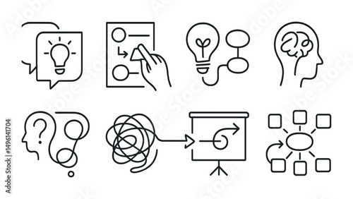 Line style icons of note in motion: unfolding idea flow, step-by-step sketch, thought in progress icon, scribble to clarity path, question turning to plan, brainstorm-to-action arrow, blurry to