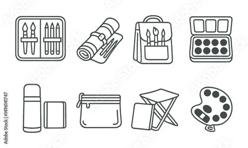 Line style icons of portable creative kits: zip case with art tools, rolled-up mat and pencils, field bag with brushes, tin box with paint tablets, thermos + paper set, waterproof pouch, folding