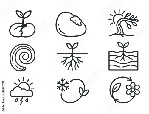 Line style icons of art and resilience from nature: cracked seed with sprout, stone with moss image, bent tree and light, spiral from bark sketch, root under surface icon, layered earth and growth,