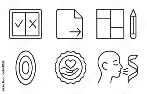 Line style icons of trauma-aware creativity: choice in frame symbol, “skip this” card, safe structure layout, pause and draw icon, layered safety shapes, permission-based sharing badge, breath before