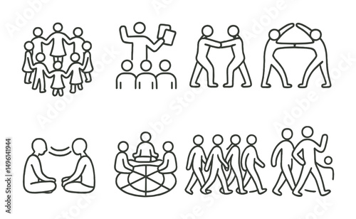Line style icons of movement-based group practices: circle dance ring, leader with gesture cards, movement mirror pair, shared stretch arc, breathing together cue, ground circle with paths, group