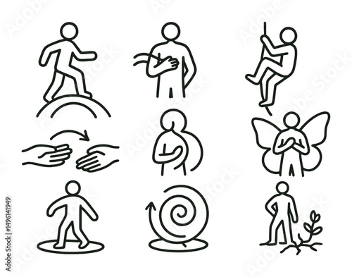 Line style icons of movement metaphors: crossing bridge step, wave across chest, climb with rope line, cocoon-to-wing gesture, letting go hand arc, spiral unwind motion, circle path around self,