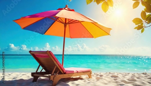 Serene scene of a colorful umbrella providing shade on a sunny day  perfect for relaxation and peaceful moments Ideal for summer  vacation  and tranquility themes   zen  getaway