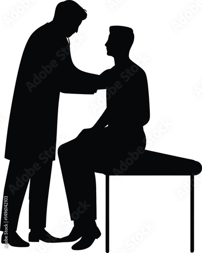 Doctor examining a patient with a stethoscope silhouette illustration on a white background.