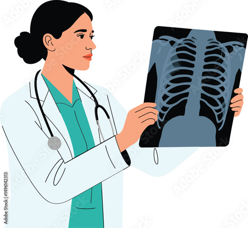 Medical professional examining an x-ray depicting human rib cage for diagnosis