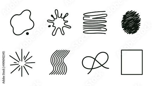 Line style icons of abstract and artistic tattoos: watercolor blot icon, ink splash shape, layered brushstroke tattoo, freeform texture patch, line explosion sketch, pattern fade, minimalist movement